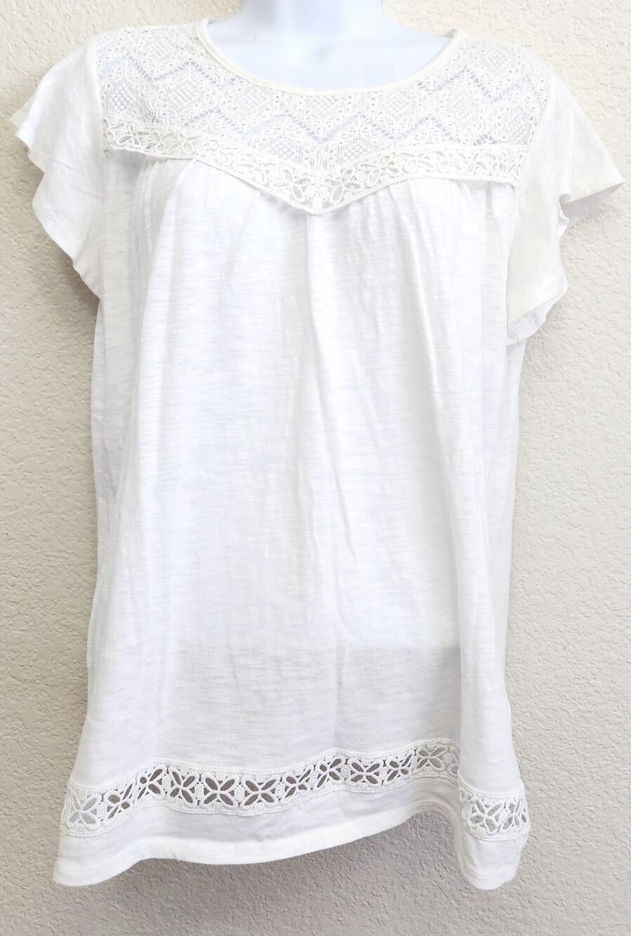 Hannah White Crochet Lace Bodice With Short Cap Flutter Sleeves Medium Soft
